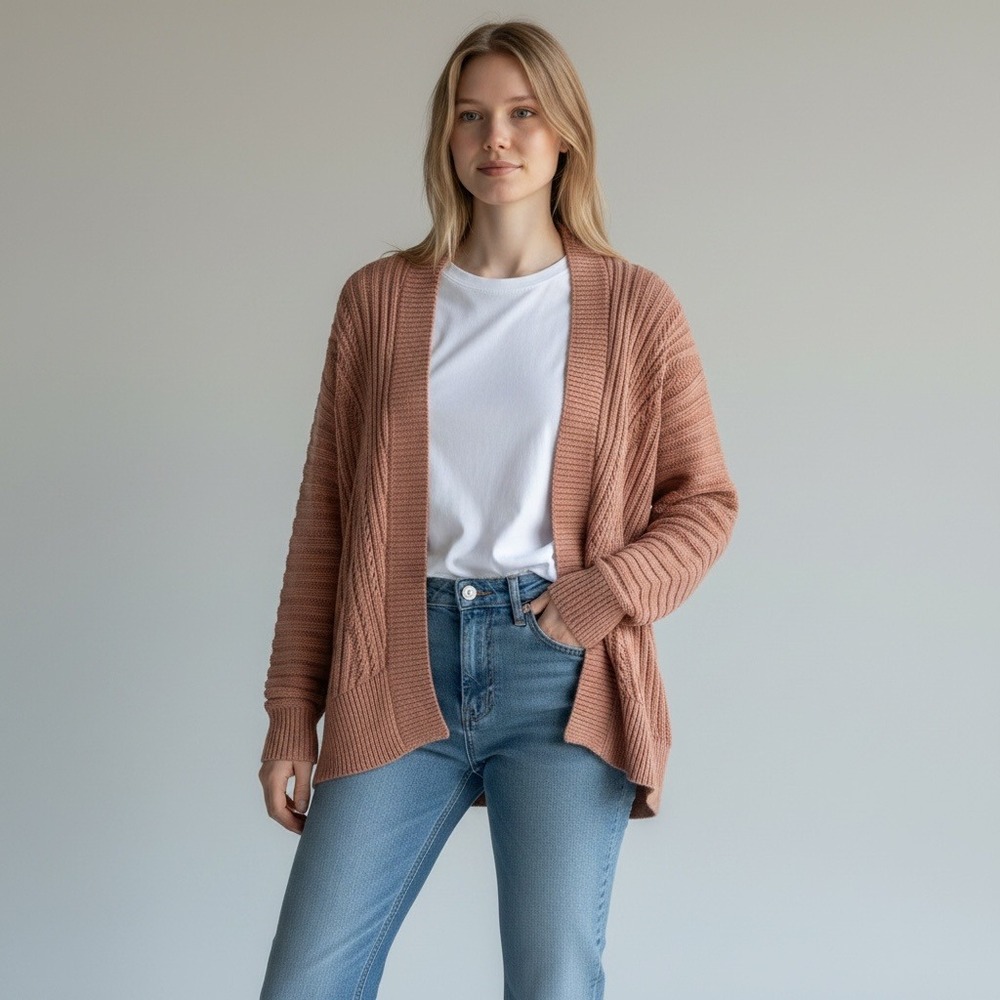 Cardigan Sweater L Pink Terracotta Cotton Eyelet Knit Coastal Grandma Layering